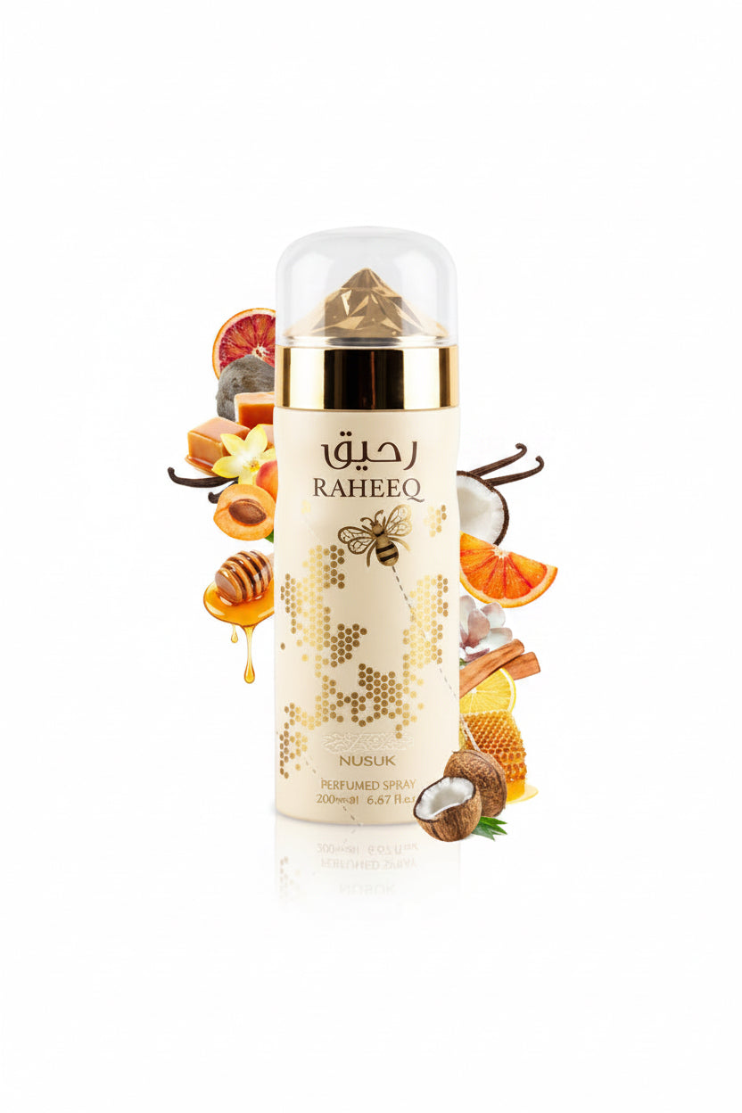 Déodorant Spray Body Spray Nusuk Raheeq 200ml – Brume Corporelle Gourmande au Miel & Caramel